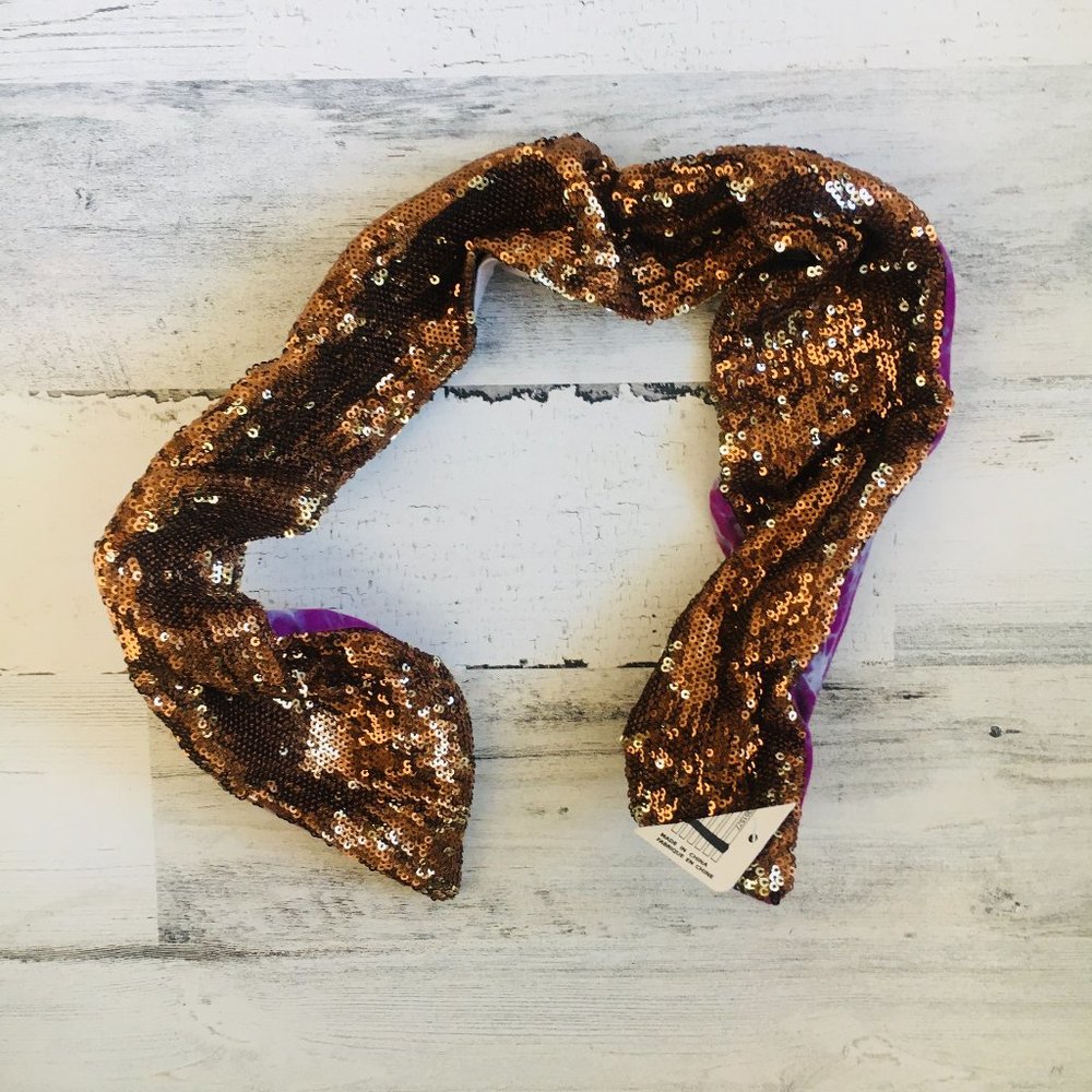 NWOT Free People Wire Tie Sequin Bow Bunny Ear Headband Copper and Purple